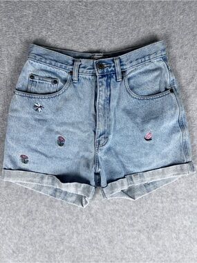 Vintage 90s Y2K Denim Shorts Women Embroidered Floral Country Seat 7/8 26” Waist
